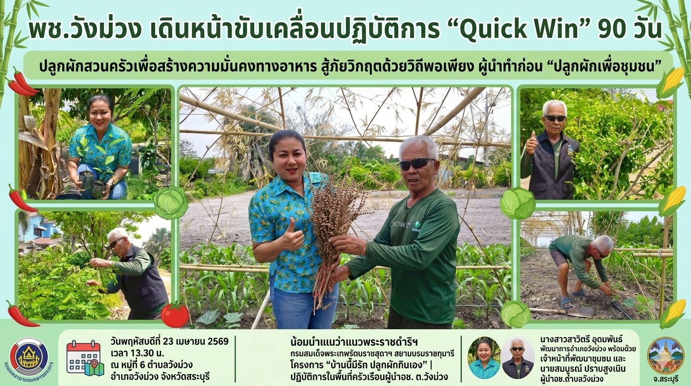 พช.วังม่วง เดินหน้าขับเคลื่อนปฏิบัติการ “Quick Win” 90 วัน ปลูกผักสวนครัวเพื่อสร้างความมั่นคงทางอาหาร สู้ภัยวิกฤตด้วยวิถีพอเพียง ผู้นำทำก่อน "ปลูกผักเพื่อชุมชน"